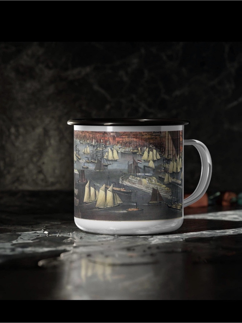 Enamel Maritime Camp Mug with NYC harbor Sailboat Print
